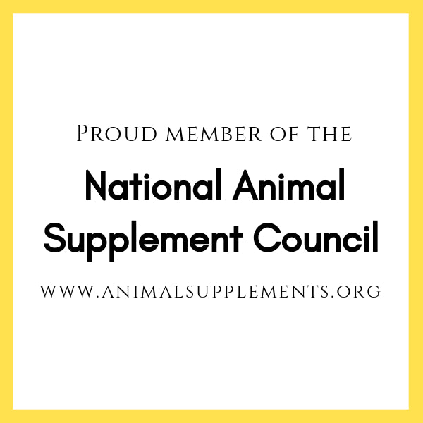 Text with yellow boarder- reads Proud Member of the National Animal Supplement Council - www.animalsupplements.org
